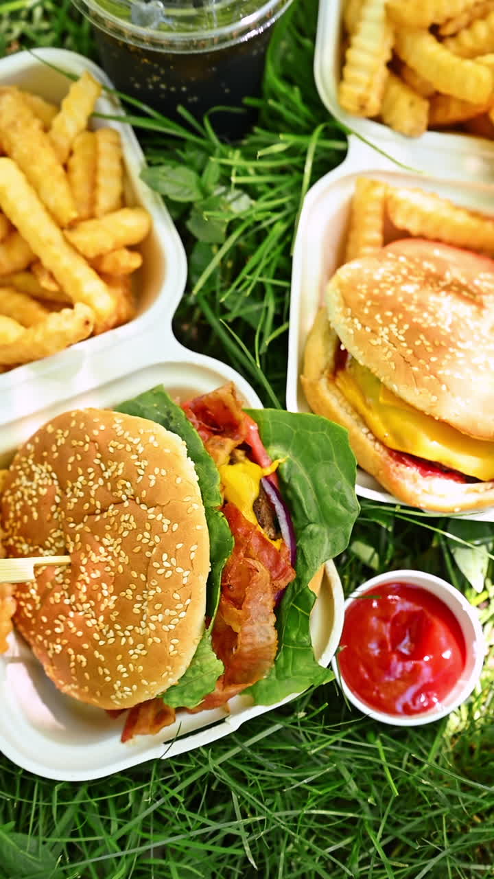 Bữa trưa dã ngoại mùa hè với bánh mì kẹp thịt, khoai tây chiên và cola. Bữa trưa thức ăn nhanh ngoài trời với bánh mì kẹp thịt, khoai tây chiên, cola và tương cà được phục vụ trên bãi cỏ xanh tươi dưới ánh nắng mặt trời