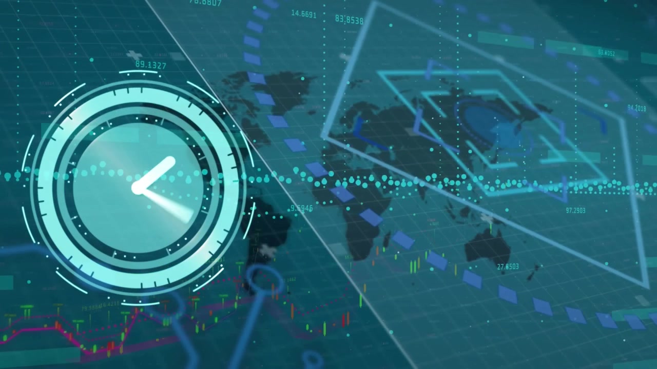 Animation of clock over network of connections clock and data processing