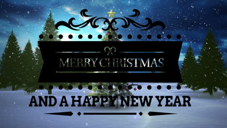 feliz navidad y feliz año nuevo pancarta de texto contra el árbol de navidad en el paisaje de invierno