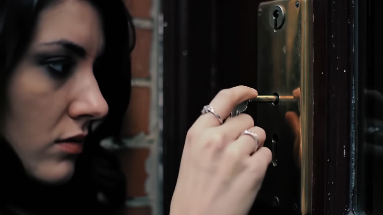 A Close-Up of a Woman's Intrigued Expression While Trying to Unlock a Door, Captured in Two Frames to Showcase the Tension of the Moment