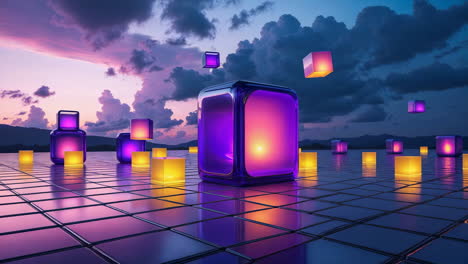 luminous cubes on a grid at twilight