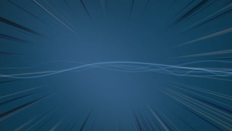 Animation-of-glowing-blue-lines-with-flickering-light-beams,-on-blue-background