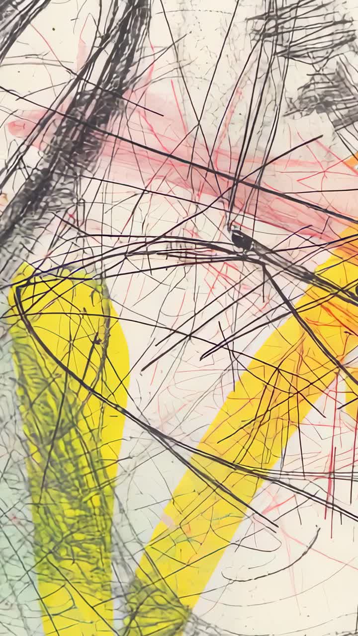 Vertical video: Slow camera moving revealing drawing on paper black scribbles and three-color marks