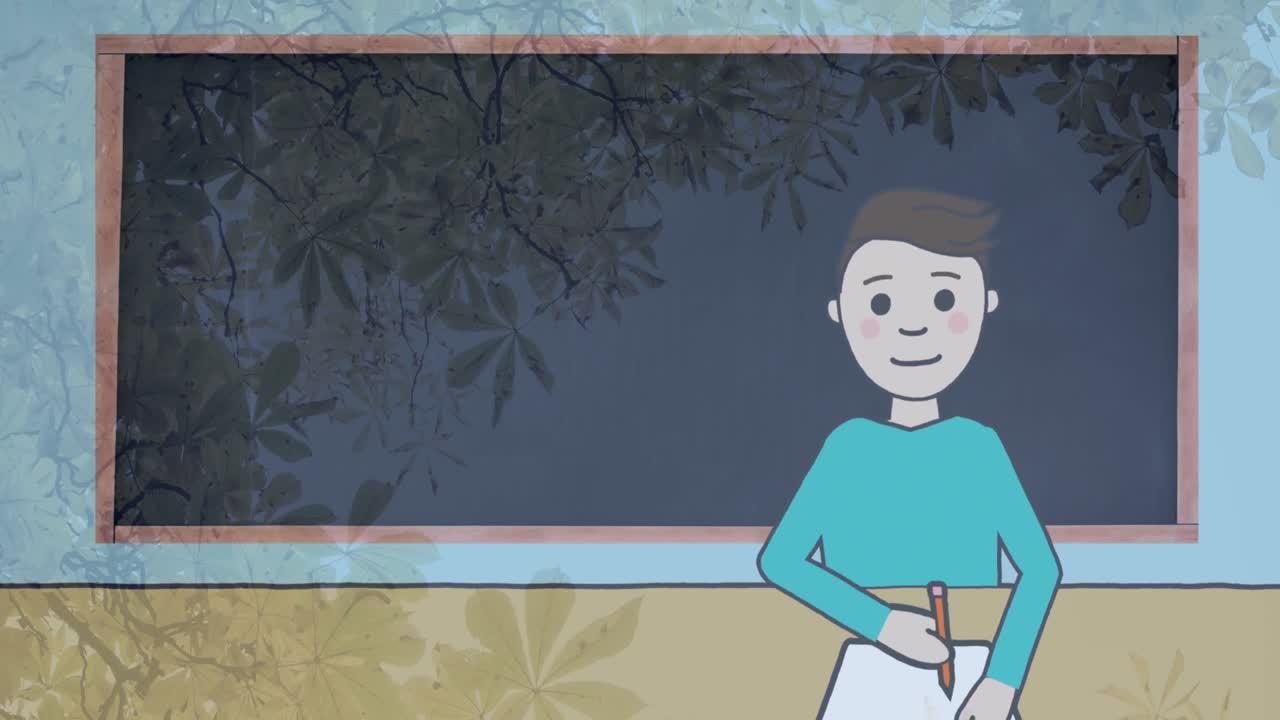 animación de un niño caucásico escribiendo en un cuaderno sobre la pizarra en la escuela