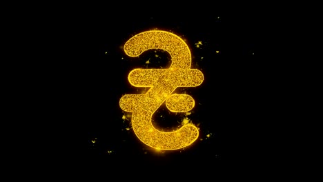 el icono de la moneda ucraniana hryvnia hace chispas de partículas sobre un fondo negro.