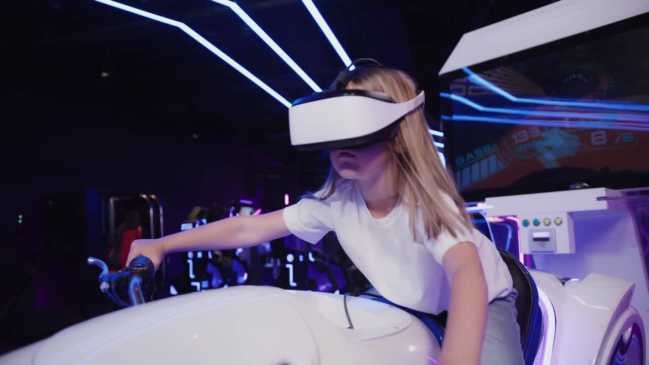 Child Playing VR Motorcycle Simulator