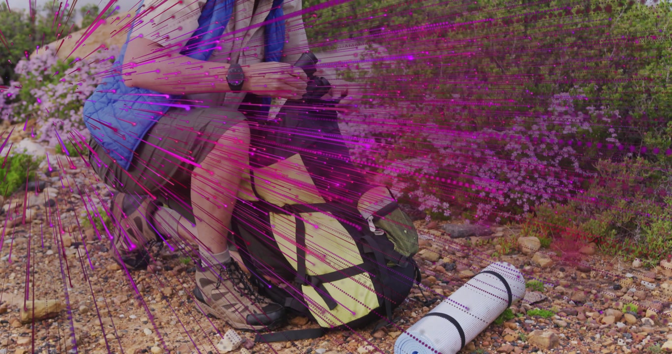 Hiker pausing on trail retrieving water bottle for hydration with animated health meter rising