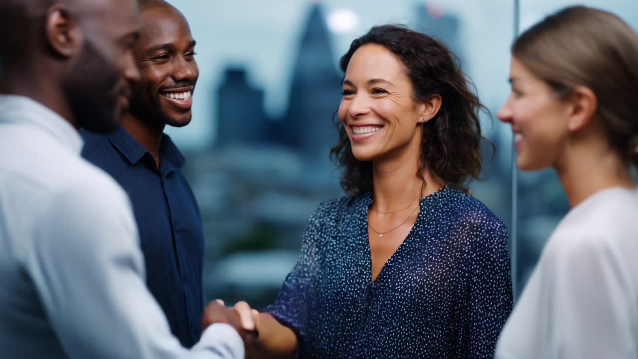 A group of professionals engaged in a friendly conversation and handshake in an office environment, showcasing collaboration, mutual respect, and a positive work atmosphere conducive to networking and relationship-building