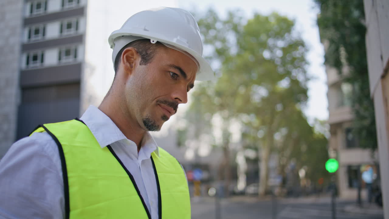 Focused contractor filling architectural documents street closeup. Man working