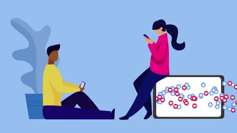 animation of people using electronic devices and social media icons on screen