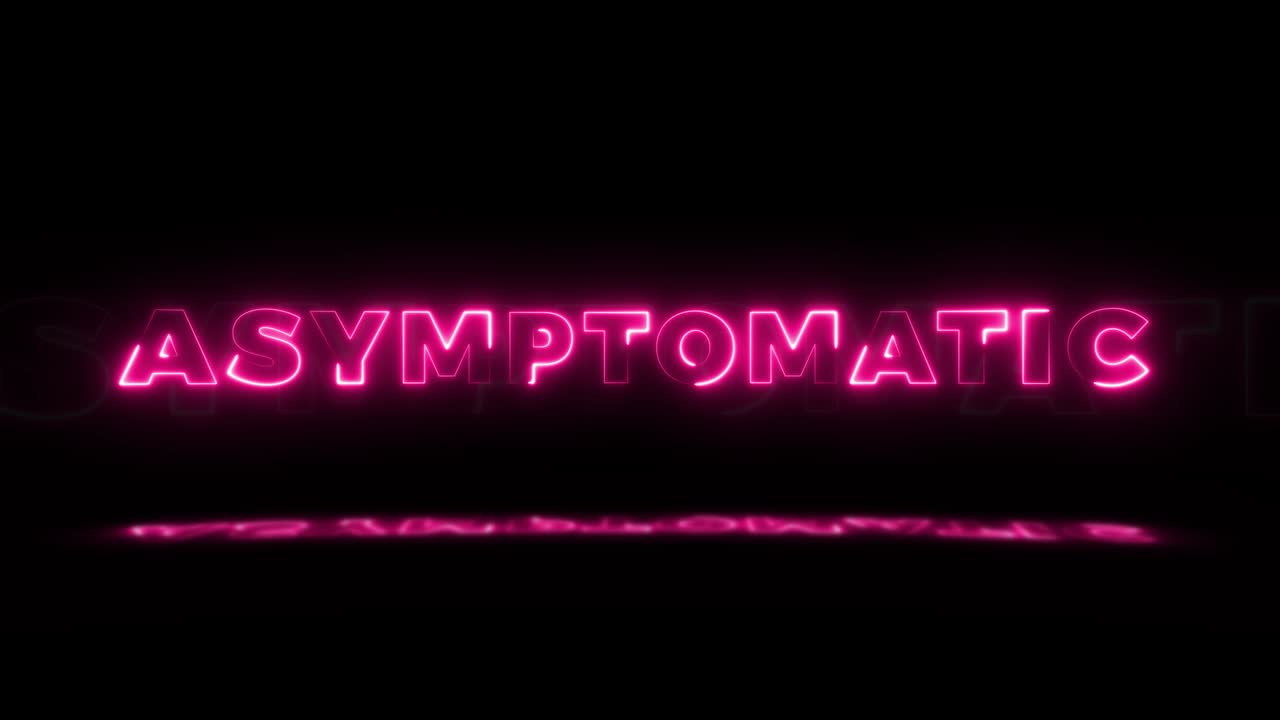 '증상이 없는' 단어 네온은 검은색 배경에 반사되어 바닥에 반사됩니다. 시엄리스 루프 모션 그래픽에서 네온 반사 표지판