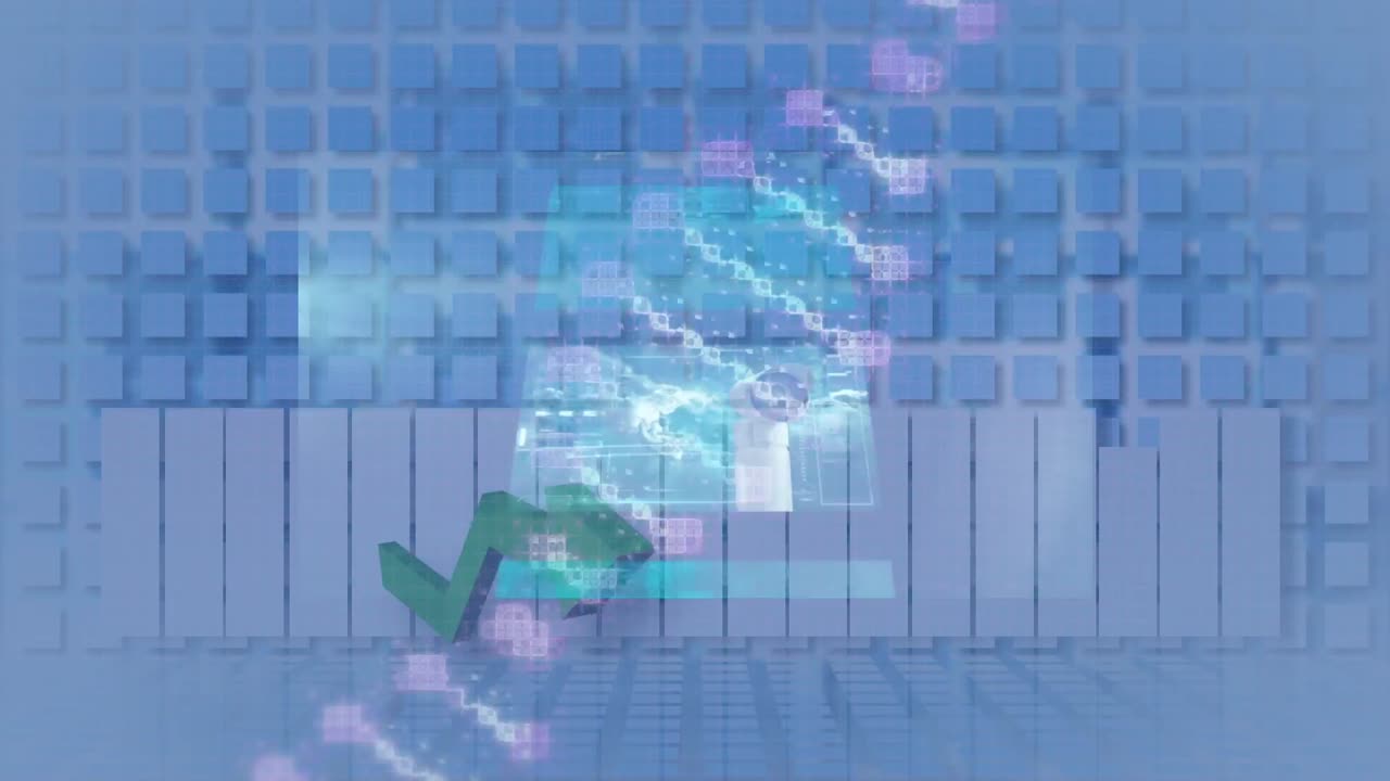 녹색 화살표와 파란색 배경의 그래프 위의 화면에 있는 데이터의 애니메이션