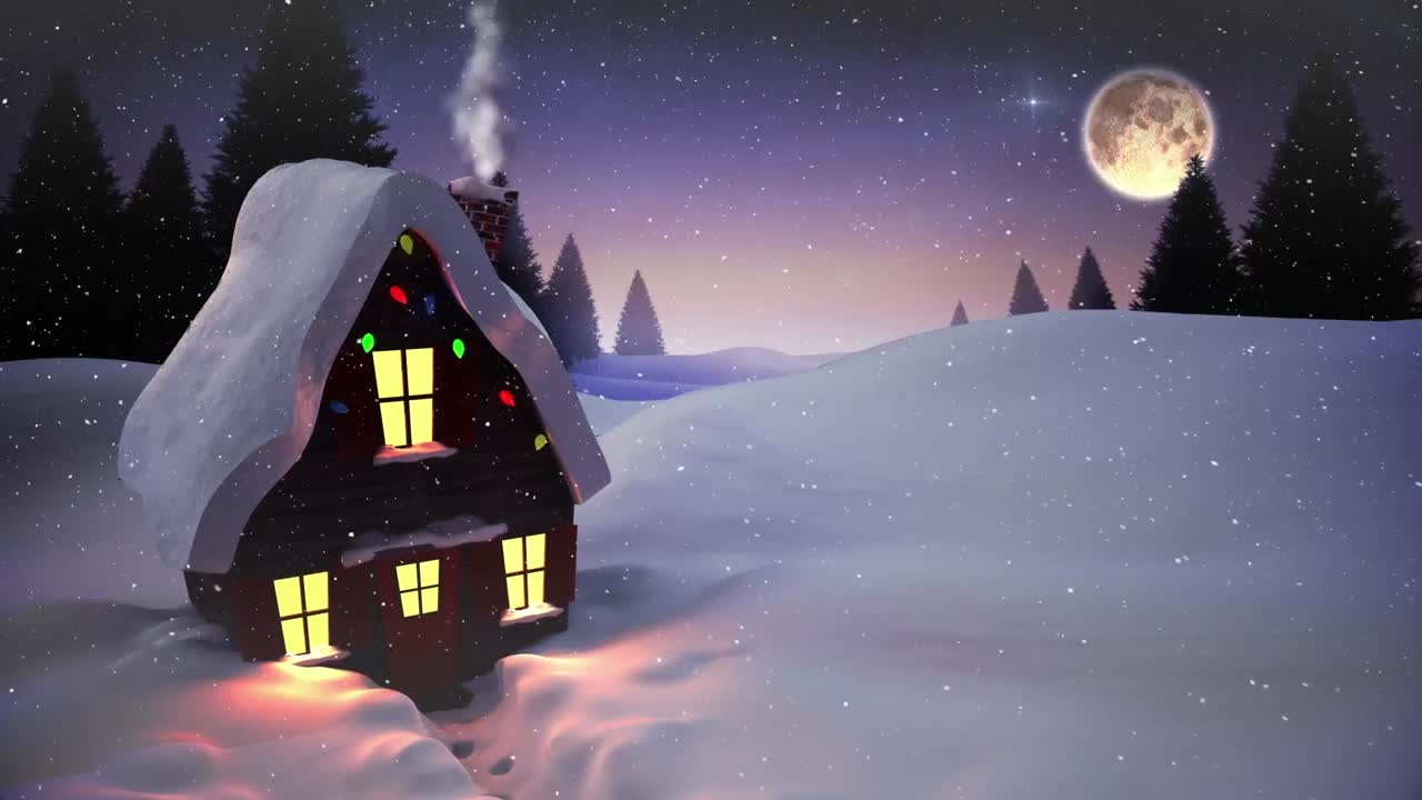 animación de la nieve cayendo sobre la casa y el paisaje de invierno