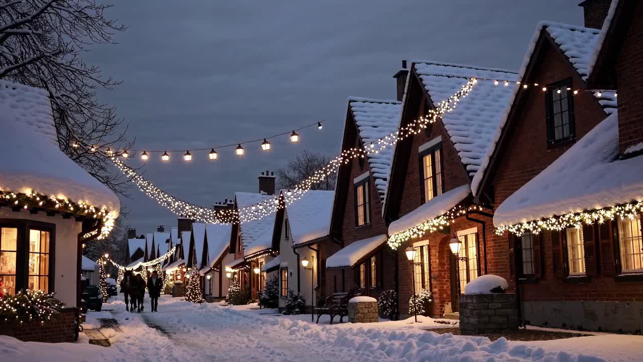 A cozy winter village scene at dusk, captured from a street-level angle