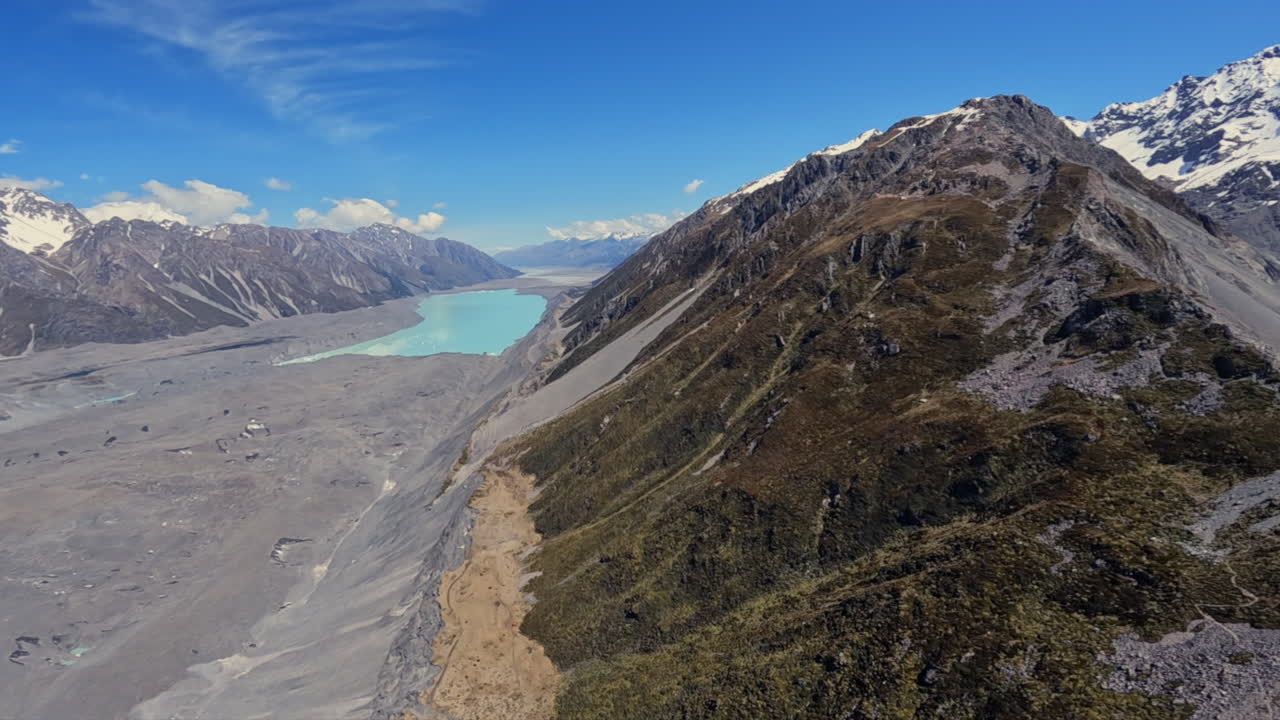 Approaching the Tasman lake by helicopter, New Zealand