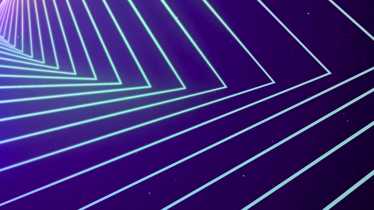 Linee al neon astratte e luminose che si muovono attraverso un tunnel geometrico