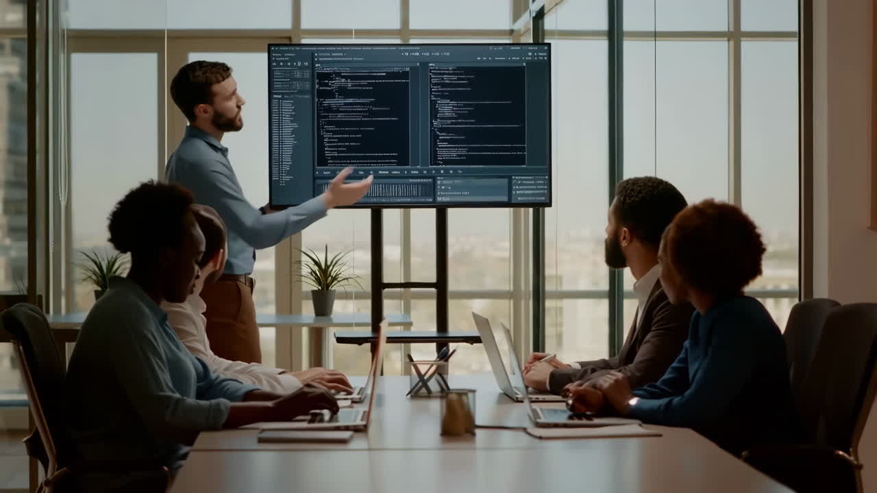 Software Development Team Discussing Code in a Modern Meeting Room