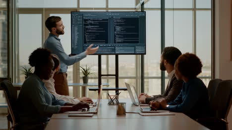 software development team discussing code in a modern meeting room