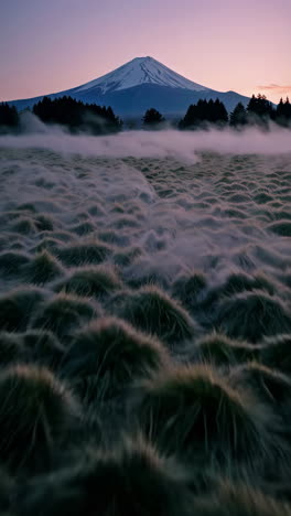 mount fuji at sunrise or sunset with foggy field