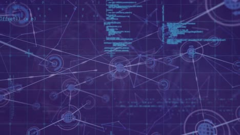 Animation of network of digital icons and data processing over grid network against blue background