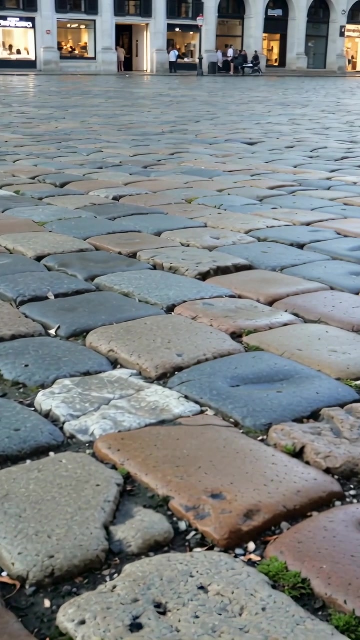 Vertical video: Pulling back camera tilting upward, revealing cobbles and shops to show plaza