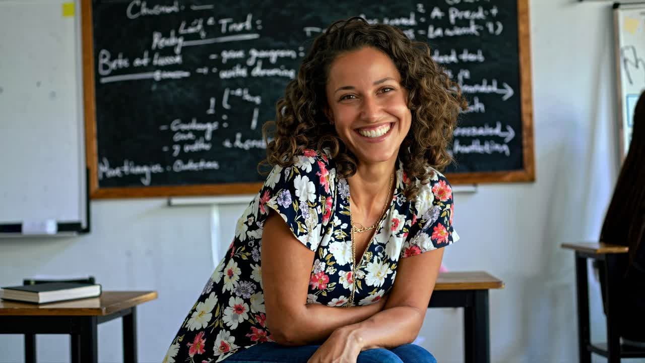 A candid side-angle video captures a smiling woman in a floral shirt, seated in a classroom