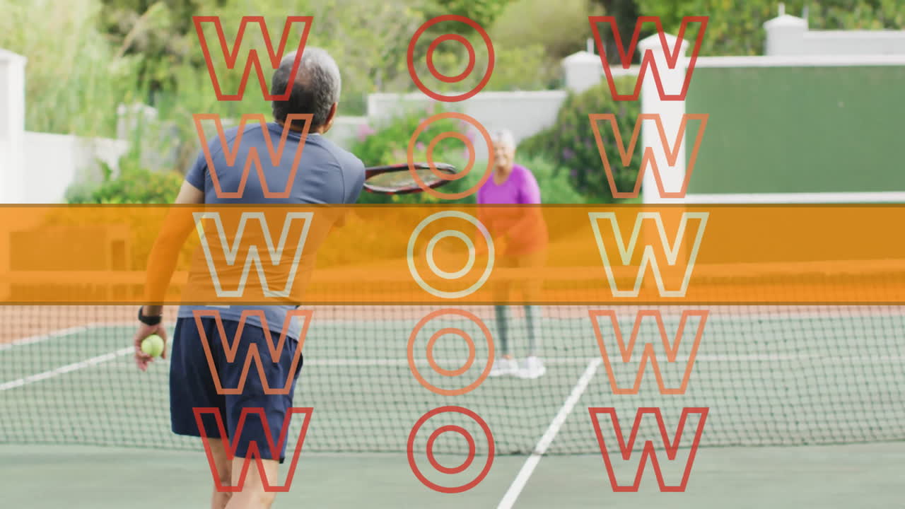 Senior couple playing tennis for health, featuring red W O graphic grid and orange bar overlay