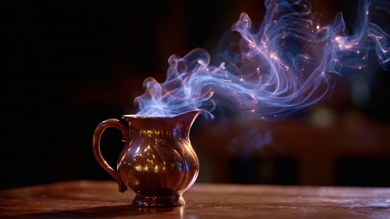 A Mystical Copper Jug Emitting Enigmatic Swirls of Smoke, Capturing the Essence of Enchantment and Craftsmanship in a Dimly Lit Setting