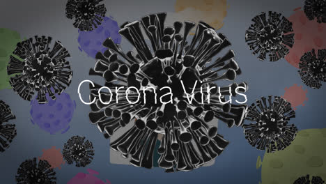 Coronavirus-Text-über-Mehreren-Covid-19-Zellen,-Die-Vor-Einem-Blauen-Hintergrund-Mit-Farbverlauf-Schweben