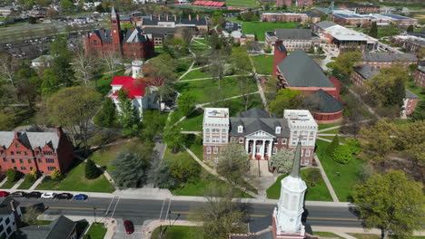 american college university campus aerial establishing shot in spring season