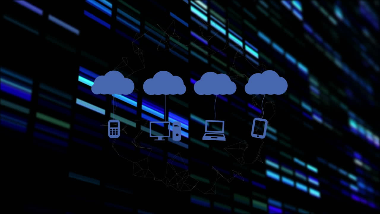animación de nubes con iconos sobre columnas en movimiento