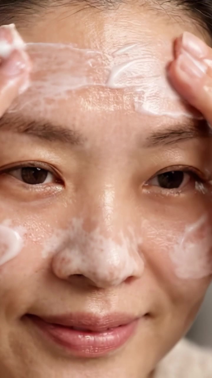 Gentle Cleansing Routine: Close-Up on Skin Care Application with Foam Formula on Face, Highlighting the Importance of Facial Cleansing for Radiant Complexion