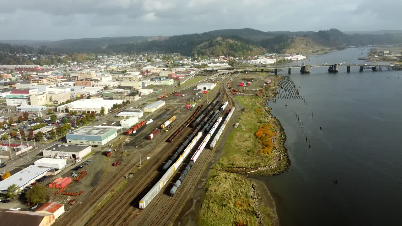 US, WA, Aberdeen, 2025-10-29 - Drone view of an industrial area in the city in fall