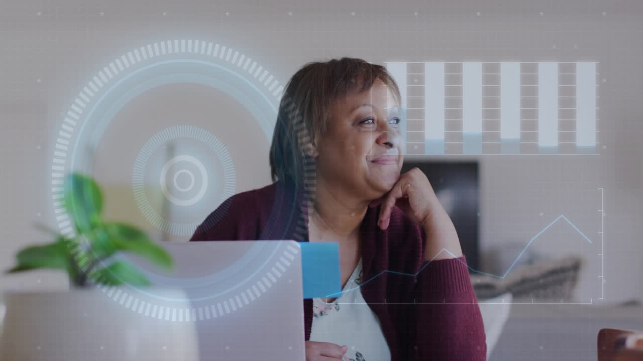 Professional woman placing pen down while reflecting on business data with animated bar-chart