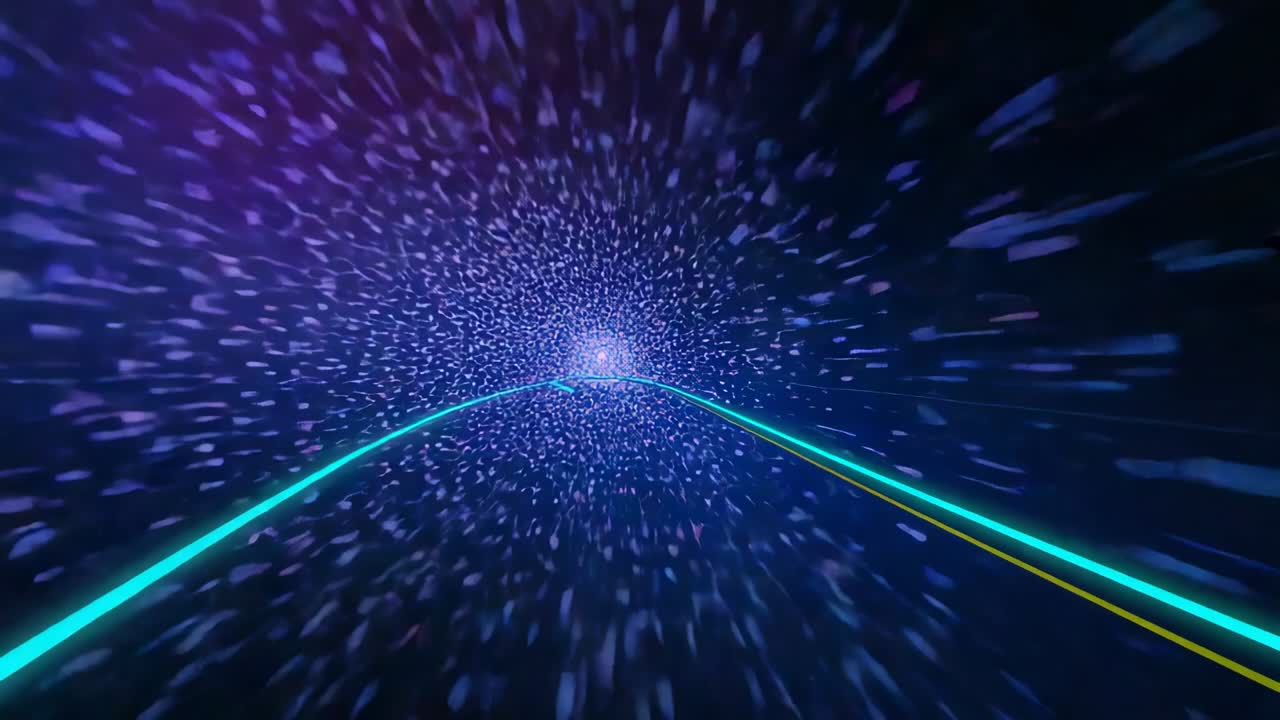 Accelerating neon dual rails pulling camera toward bright core through tunnel, particles streaking