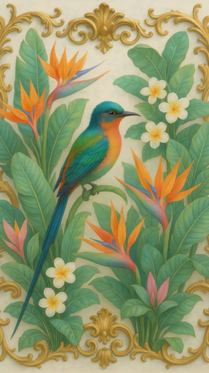 A vibrant bird amid tropical flowers, captured from a frontal angle