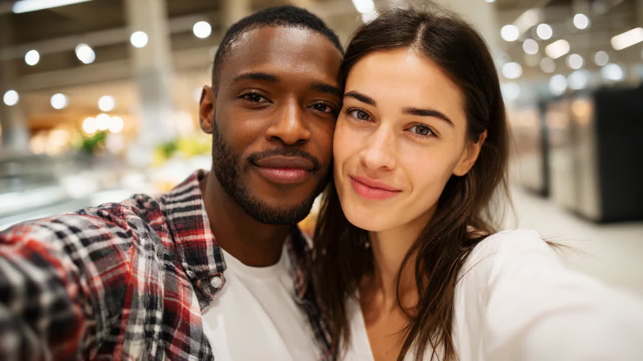Et lykkelig par deler et spontant øyeblikk i en levende innendørs setting, som fanger deres forbindelse og glede mens de tar en selfie, omgitt av en engasjerende bakgrunn fylt med myke lys og farger