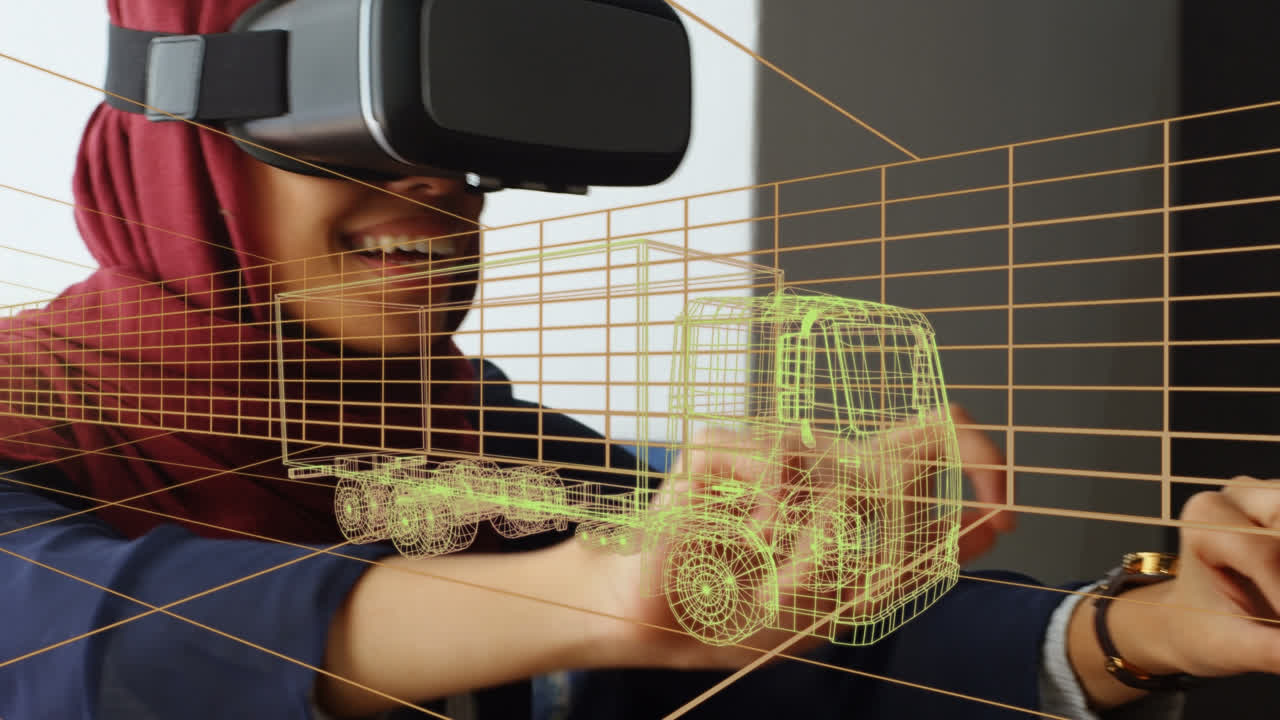 Animation of digital 3d drawing of car over woman using vr headset