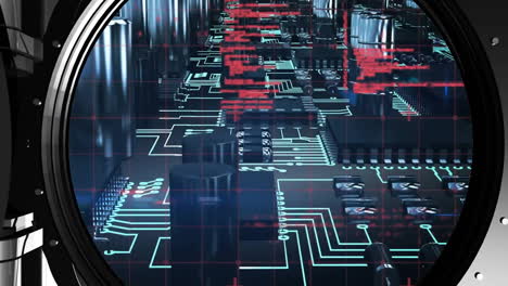 animation of data processing over motherboard circuit and closing vault door