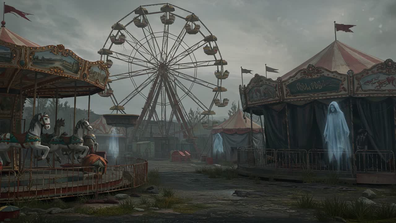 A Haunting Abandonment: Spectral Figures Amidst an Eerie Carnival Landscape Featuring a Ferris Wheel and Unused Rides in a Decrepit State