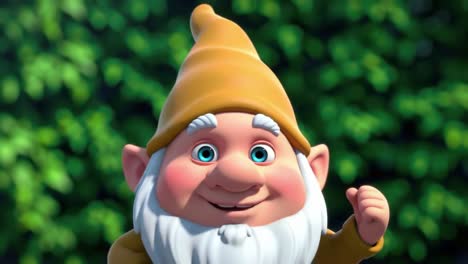 cheerful animated gnome with a big smile in a lush green background: expressing joy and happiness in a whimsical, colorful scene