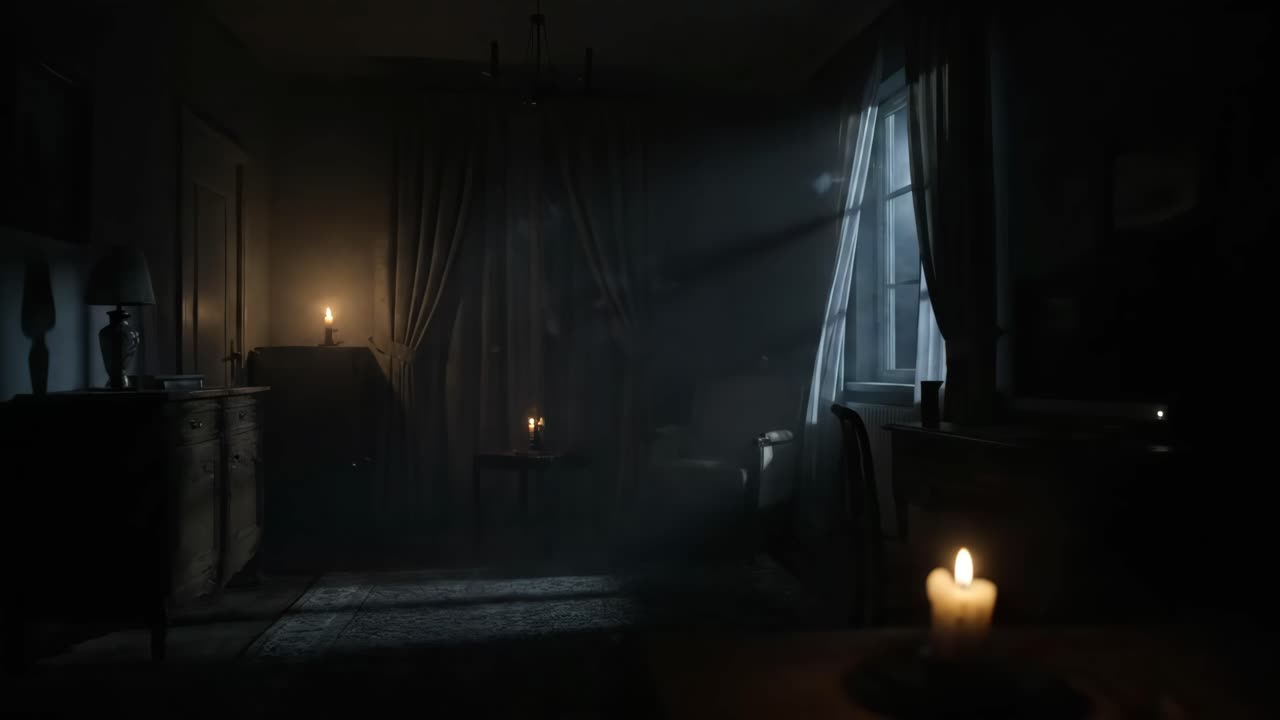 Pièce sombre avec des bougies et des particules de poussière dans des rayons de lumière
