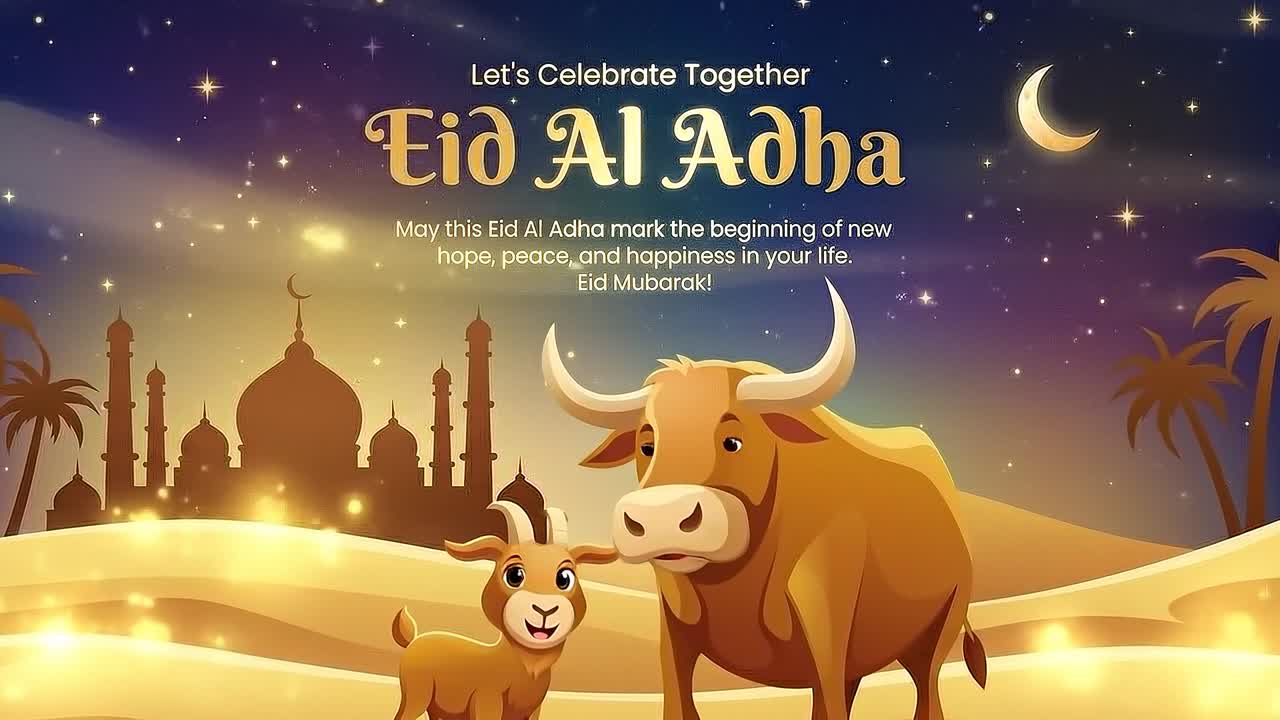 Animazione illustrativa di Eid al-Adha con lanterne di moschea, luna crescente e animali da sacrificio di notte