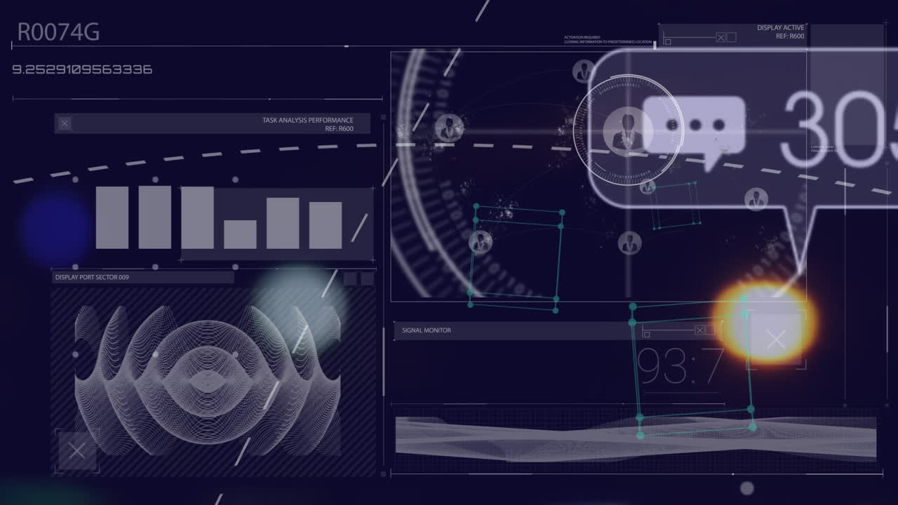 Animation of social media icons floating over interface with data processing against blue background