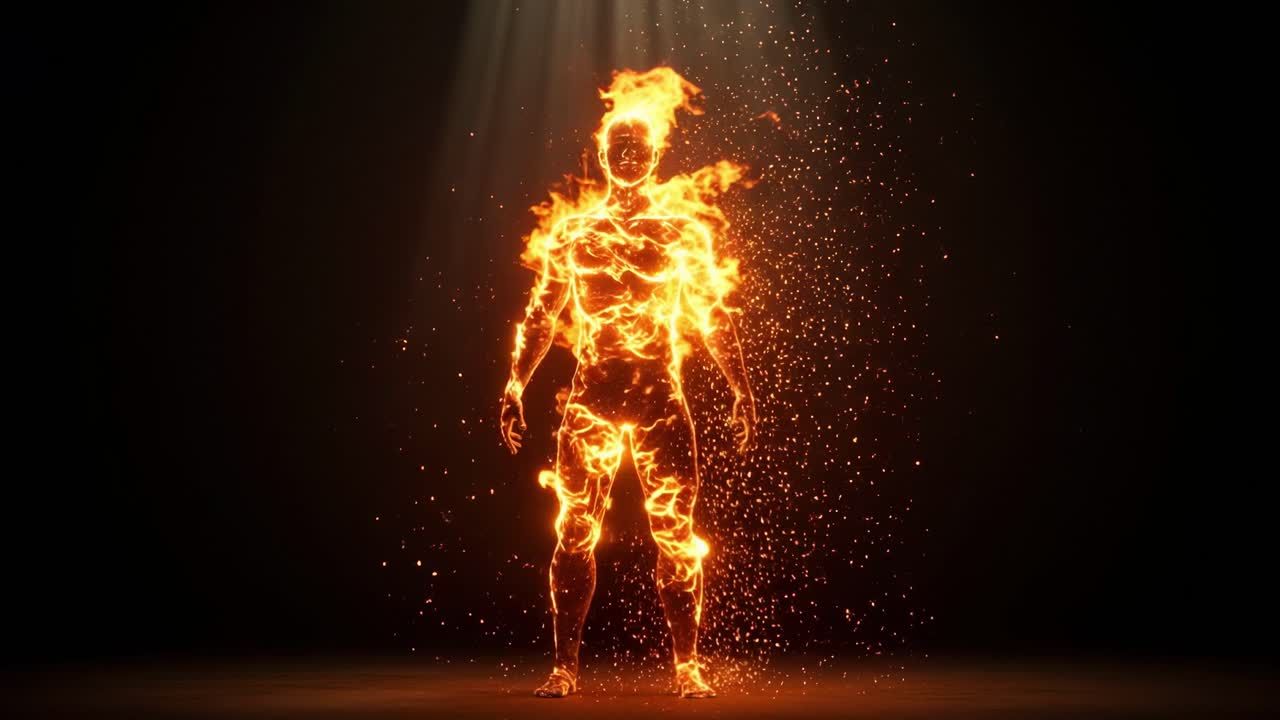 Unique display of a fiery human figure emerging from flames in a dark setting during a creative arts event