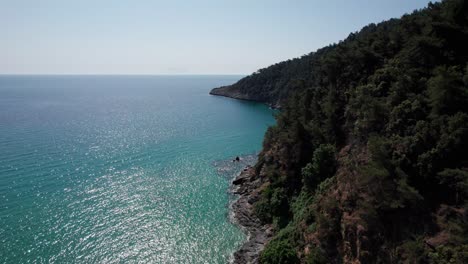 drone view of a steep seaside rock near paradise beach, surrounded by green vegetation, thassos island, greece, mediterranean sea, europe