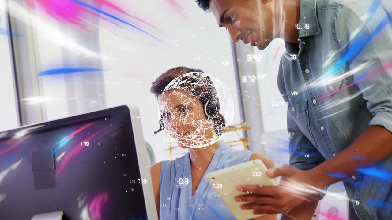 Animation of shapes and globe over diverse business people in office