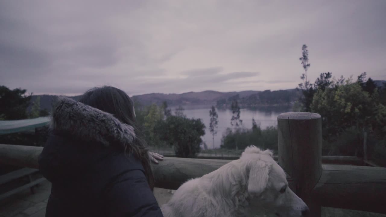 호수 앞의 여자와 그녀의 개 outdoog 집의 hd