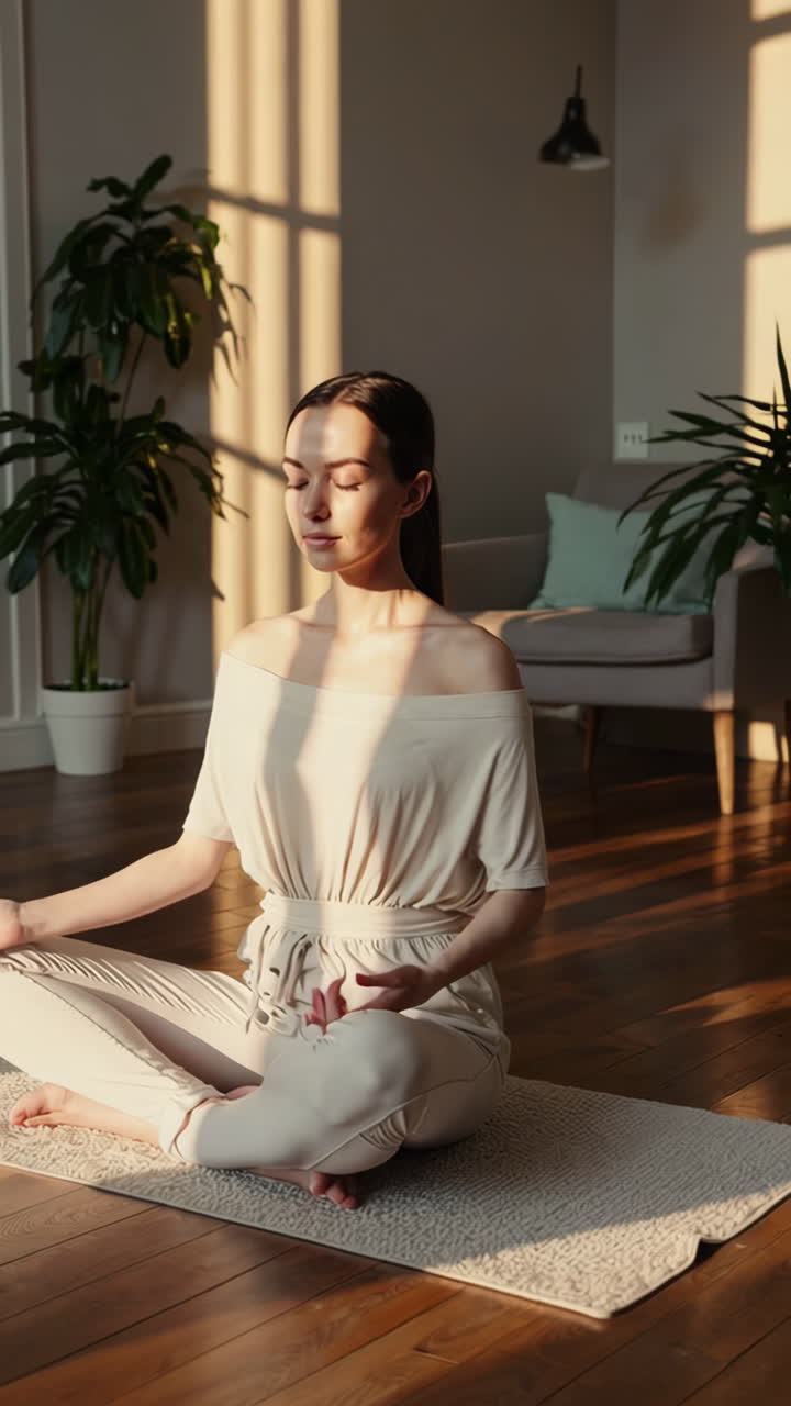 Woman Meditating Peacefully in a Sunlit Room