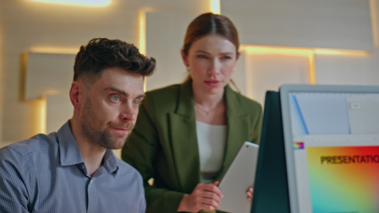 Supervisor helping young manager advising at design project close up. Happy team